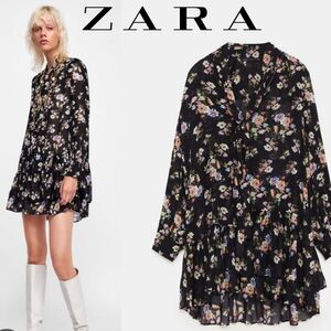 Zara Woman Tunic/Mini Dress with Neck Tie Floral and Hem Ruffle Print Size Med